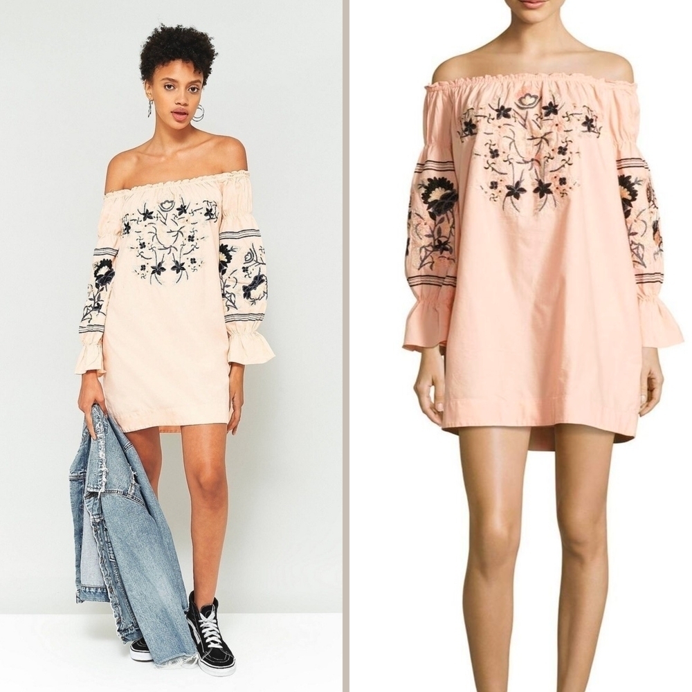 FREE PEOPLE Floral Embroidered Peasant Off The Shoulder Mini Dress, Size XS - Picture 2 of 15